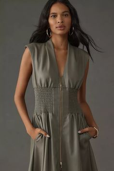 The Tommie Cap-Sleeve Smocked Front-Zip Shirt Dress: Faux Leather Edition | Anthropologie Lacy Tops, Zip Shirt, Green Fits, Cotton Viscose, Leather Dress, Pocket Dress, Dress Details, Cap Sleeve, Fall Fashion