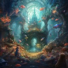 an underwater scene with many fish in the water and a princess sitting on her knees