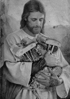 an old black and white photo of jesus holding a baby