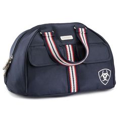 a blue duffel bag with red, white and blue stripes on the front pocket