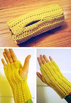 three photos of yellow crocheted hand warmers