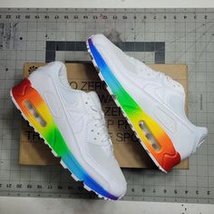 Nike Air Max 90 Pride Rainbow Custom. Brand New. Next Day Shipping. Rainbow Nikes, Nike Airmax 90, 90 Women, Sneaker Ideas, Air Max 90 Women, Custom Nike Shoes, Custom Nike, Shoes Nike Air, Custom Nikes