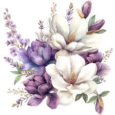 watercolor painting of white and purple flowers