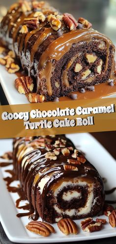 Indulge your sweet tooth with this irresistible Gooey Chocolate Caramel Turtle Cake Roll! Perfectly layered with rich chocolate, velvety caramel, and crunchy pecans, this decadent dessert will wow your taste buds. Easy to make, this cake roll is an elegant treat for any occasion, from family gatherings to cozy nights in. Delight in every bite as the flavors melt together in this stunning confection that promises a sweet escape. Perfect for those who love to bake and savor exquisite culinary experiences. Chocolate Caramel Turtle Cake Roll, Turtle Cake, Crunchy Pecans, Sweet Escape, Chocolate Caramel, Cake Roll, Desert Recipes, Decadent Desserts, Pecans