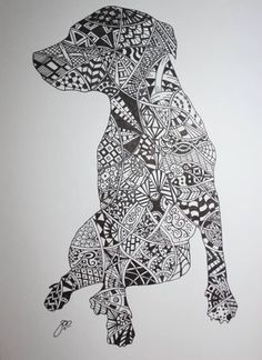 a black and white drawing of a dog with patterns on it's back legs