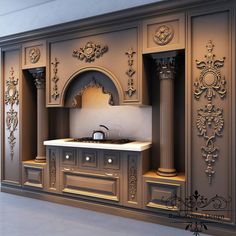 a kitchen with an ornate design on the wall and cupboards in front of it