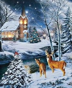 a painting of two deer standing in the snow near a christmas tree and church at night