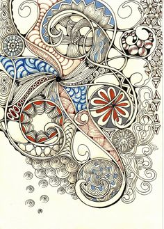 an artistic drawing on paper with swirls and flowers in blue, red and white