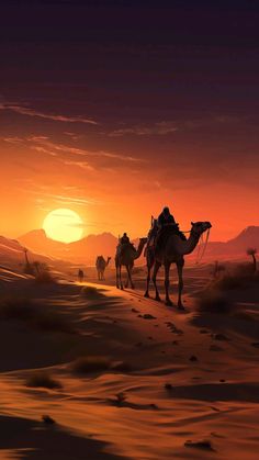 three people riding camels through the desert at sunset