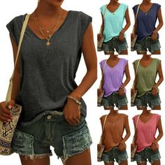 Womens Solid Color Cap Sleeve Blouses T-Shirt Casual Loose Fit Basic Shirts Tank Tops Features: 1.Features: V-Neck,Cap Sleeve,Solid Color,Casual tops, Casual Wear,Stylish and fashion design,Summer casual tops. 2.Material:Polyester, Made from high quality fabric, lightweight soft and comfortable. 3.The top makes it more attractive to wear. 4.Occasion: Casual,Daliy,Birthday,Dating, Fall,Dance Performance,Party, Wedding, For work, At home Vacationand more. Suit for Spring and summer. 5.PLEASE NOTE: Hand or gentle machine wash in cold water / Do not bleach / Line dry. Our clothes all are designed for Asian figure, which means would be smaller than normal European sizes. Please refer to our own size chart and you can find it in our pictures or from the description. Product Description: Season:S Cheap Sleeveless T-shirt For Beach, Casual Sleeveless Moisture-wicking T-shirt, Affordable Cotton Sleeveless T-shirt, Cheap Sleeveless Muscle Tee With Moisture-wicking, Casual Brown V-neck Tank Top, Womens Party Tops, Ladies Tops Blouses, Summer Cap, Black Shirts Women