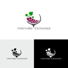 the vineyard exchange logo is shown in black and white, with green leaves on it