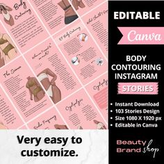 💎 Get Noticed with these Stylish Editable ♥  Body Contouring ♥ Instagram Stories Template. Great for Skincare Social media templates are ideal for Estheticians, Beauty, Spa, Salon and Skincare Service Providers.💎 ✨🌟 WHAT'S INCLUDED 🌟✨ 💓 103 Stories Template 💓 Editable ♥ Body Contouring ♥ Instagram Stories Template 💓 Dimensions: 1080 x 1920 px 💓 One .PDF file containing a link to edit this Social Media Canva Templates ✨🌟 HOW TO PURCHASE & DOWNLOAD 🌟✨ 💎 Make a purchase of this listing. Instagram Dimensions, Laser Lipo, Cool Sculpting, Some Body, Story Templates, Change Background, Text Fonts, Change Text, Body Sculpting