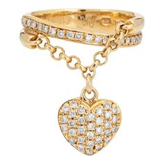 Diamond Heart Charm 18k Yellow Gold Band Ring Size 7 Double Heart Ring, Charm Ring, Diamond Heart Ring, Pave Diamond Ring, Ringe Gold, Gold Band Ring, Modern Ring, Charm Rings, White Gold Band