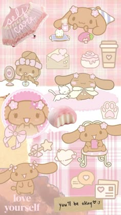 the teddy bear sticker sheet is pink and has hearts, stars, cupcakes, and other things on it