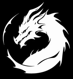 a white dragon logo on a black background