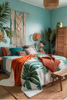 Tropical-themed bedroom with teal walls, rattan decorations, and leafy bedspread. Earthy Color Schemes