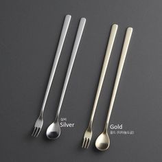 three different types of spoons and forks on a gray surface with the words silver, gold