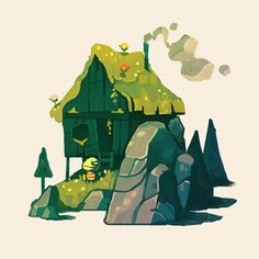 an illustration of a small house in the middle of some trees and rocks with a yellow light on it