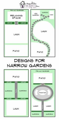 the instructions for narrow garden plans are shown in green and white, with text that reads design