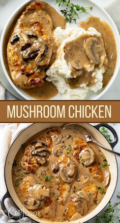 mushroom chicken topped with mushrooms and a brown gravy with a side of mashed potatoes Chicken With Gravy, Resipi Kek, Avocado Dip, Food Garnishes, Health Dinner Recipes, Mushroom Chicken, Chicken Dishes Recipes, Poultry Recipes, Mushroom Recipes