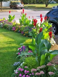 a car parked next to a lush green lawn with flowers in the front and side