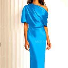 Unworn Elegant Draped Dresses For Banquet, Blue Pre-draped Maxi Dress For Cocktail, Light Blue Satin Dress For Banquet, Blue Pre-draped Evening Dress, Chic Draped Evening Dress For Banquet, Blue Evening Gown For Banquet, Blue Pre-draped Dress For Spring, Silk Draped Dress For Banquet, Blue Evening Dress For Banquet