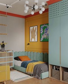 a bedroom with yellow walls and blue cabinets