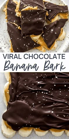 chocolate banana bark on top of a white plate with the words virtual chocolate banana bark