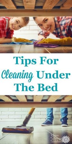 two children cleaning under the bed with text overlay that reads tips for cleaning under the bed