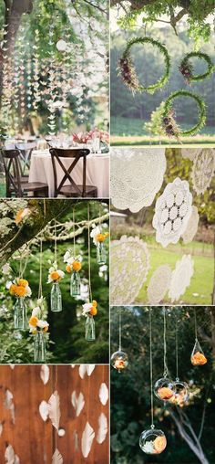 several different pictures with flowers hanging from the trees and decorations in them, including glass jars