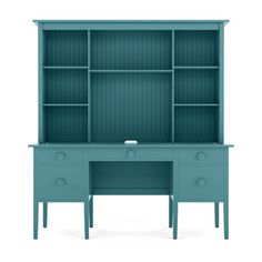 a blue desk with two drawers and a shelf above it, on a white background