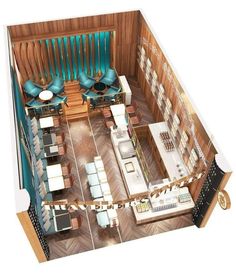 an overhead view of a kitchen and living room