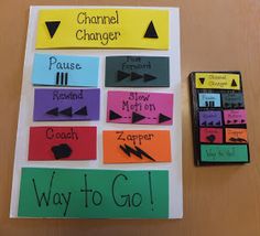 a bulletin board with different colors and words on it next to a clipboard that says channel changer