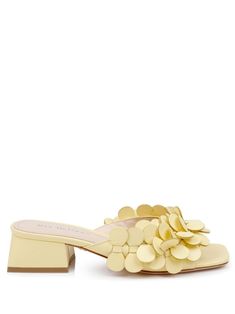 Hoco Accessories, Spring Sandals, Loafer Mules, Fashion Styling, Demi Fine Jewelry, Low Block Heels, Yellow Leather, Leather Mules, Yellow Flower