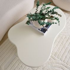 a plant is sitting on top of a white coffee table in the middle of a living room