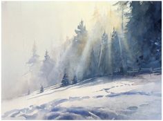 a painting of snow covered ground with trees in the background and sunbeams coming out