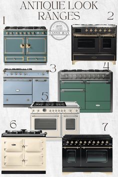 an old fashioned stove and oven are featured in this advertisement for antique look ranges, including two