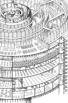 an architectural drawing of the interior of a building with many circular sections and columns on each side