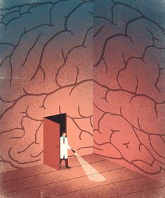 a person standing in front of a doorway with a brain on the wall