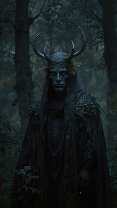 a man dressed in black with horns standing in the woods