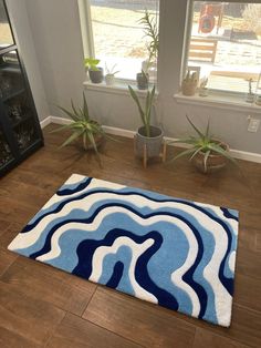 a blue and white area rug on the floor in front of a window with potted plants