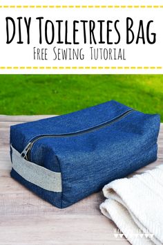 an image of a denim bag with text overlay that says diy toiletries bag free sewing pattern