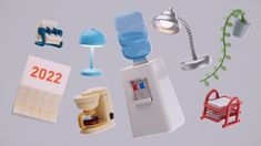 an assortment of miniature objects are arranged in the shape of a refrigerator, lamp, and chair