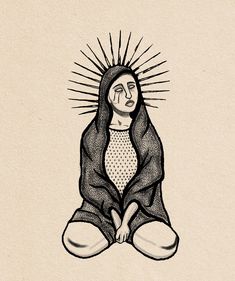 a drawing of a woman sitting on the ground with her hands folded in front of her face