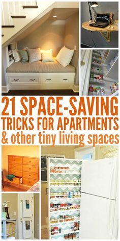 there are several pictures with the words space saving tricks for apartments and other tiny living spaces