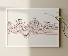 a white framed art print with wavy lines on the bottom and words that read pygmes not linear