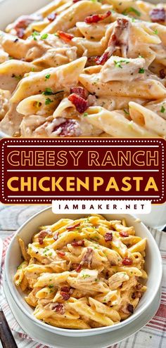 cheesy ranch chicken pasta in a white bowl on a red and white checkered tablecloth