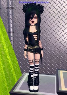 an animated image of a woman wearing black clothing and stockings, standing in front of a metal