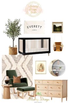 a baby's room with furniture and decor on it, including a crib