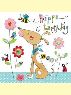 a birthday card with a dog and flowers